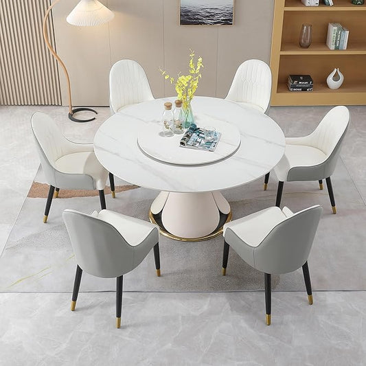 59'' Round Marble Dining Table Set with 6 Chairs for 6-8, Kitchen Table, Dining Room Table Set Petal Pu Leather & Metal Base