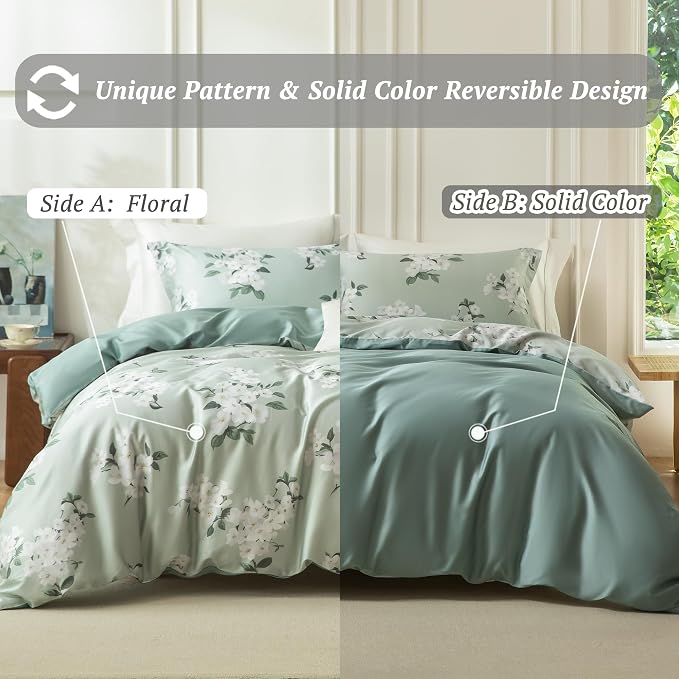MILDLY King Size Duvet Cover Set 100% Long-Staple Cotton Luxury Sage Green Floral Patten Reversible Comforter Cover Set 3Pcs