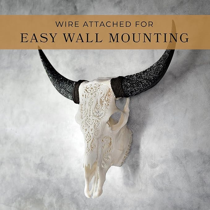 Skull Bliss - Hand-Carved Real Authentic Taxidermy Cow Skull/Bull Skull Wall Decor with Horns/Real Animal Cow Skull Wall Decor (Hand-Carved Horns)