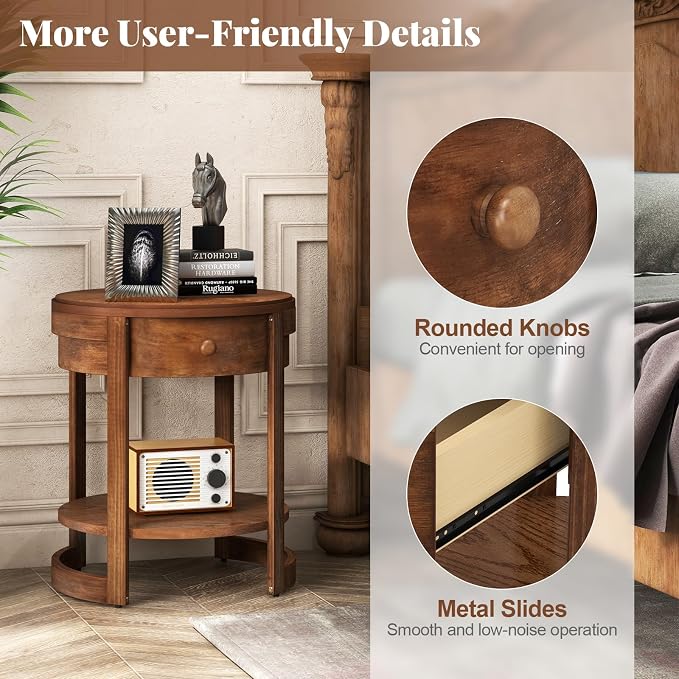 GOFLAME Round Side Table with Drawer, Retro 2-Tier Nightstand with Shelf & Wood Grains, Vintage Wooden Accent Table, Mid-Century Modern End Tables for Living Room, Bedroom, Walnut