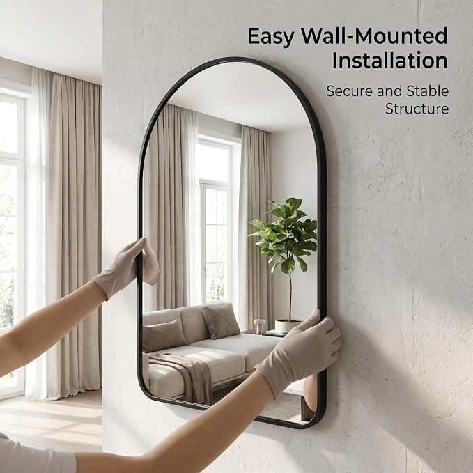 HARRITPURE 26"x38" Arched Bathroom Mirror, Wall Mounted Mirror, Black Arch Mirror, Aluminum Alloy Frame Wall Mirror for Living Room, Bedroom, Entryway