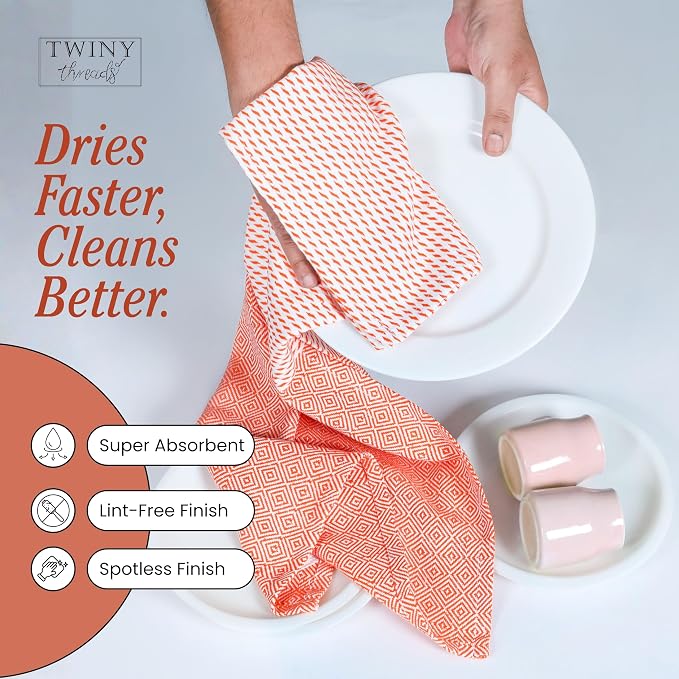 TWINY threads Kitchen Dish Towel Diamond Weave Mixed Color Pack, Premium 100% Cotton Kitchen Linen Set, Absorbent Quick Drying Dish Rags, Washable Reusable Multi Purpose, Set of 4, 18 x 26 Inch