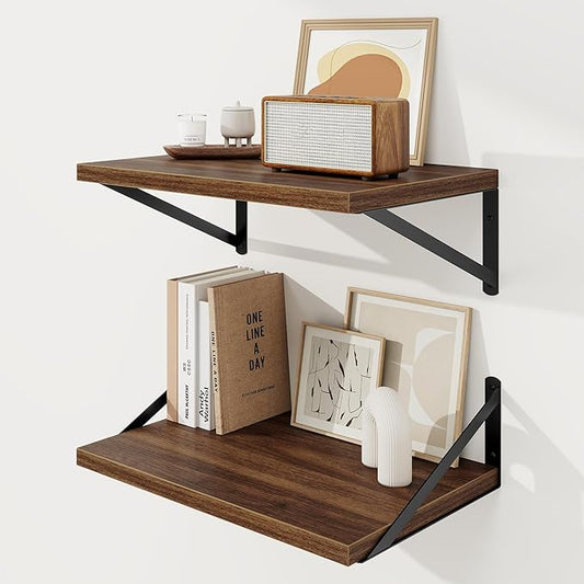 Floating Shelves, 12 Inch Deep Rustic Wood Wall Storage, 16W x 12D Wall Shelves Set of 2, Heavy Duty Metal Brackets, Large Industrial Book Shelf for Living Room, Kitchen, Bedroom, Walnut