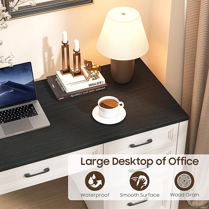 Vabches Farmhouse Executive Desk, Wood Home Office Desk with 2 Large File Drawers and 5 Storage Cabinets, Rustic Writing Desk for Work and Study, Black