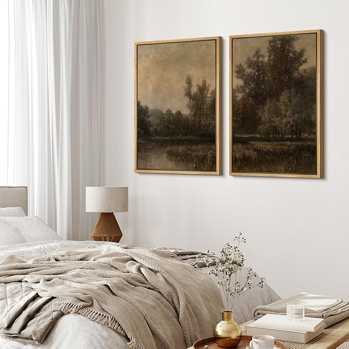 MUDECOR Framed Canvas Print Wall Art Wildflower Meadow Romantic Impressionist Floral Landscape Illustrations Modern Art Decorative Bohemian Chic for Living Room, Bedroom, Office - 16"x24"x2 Natural