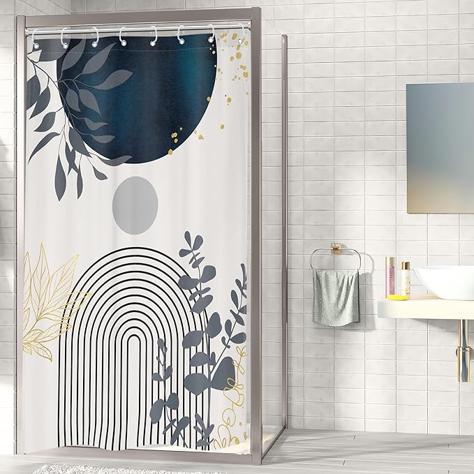 Riyidecor Navy Blue Small Stall Narrow Boho Modern Shower Curtain for Bathroom Decor 48Wx72H Mid Century Bohemian Palm Leaves Minimalist Art Printed Fabric Polyester Waterproof 8 Pack Plastic Hooks