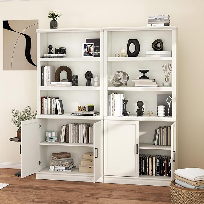 blini 5 Shelf Tall Bookcase with Doors White Bookshelf 31in Wide Display Standing Shelf 72in Tall Wood Book Shelves for Living Room Office Library
