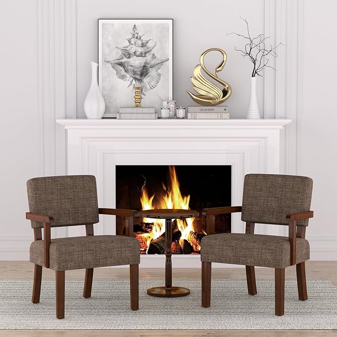 Accent Chair,Armchairs with Solid Wood Frame and Legs,Upholstered Reading Leisure Chair for Bedroom,Office,Waiting Room (Linen, Brown, One Chair)