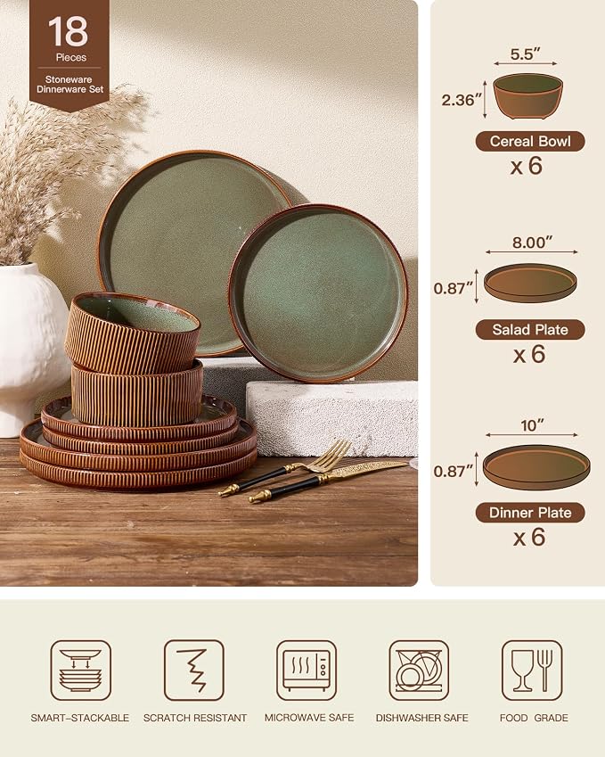 Stoneware Plates and Bowls Dishes Sets Service for 6 (18-Piece), Famiware Premium Handcrafted Reactive Glaze Dinnerware Set with Raised Rim, Scratch Resistant, Microwave Dishwasher Safe, Moss Cocoa
