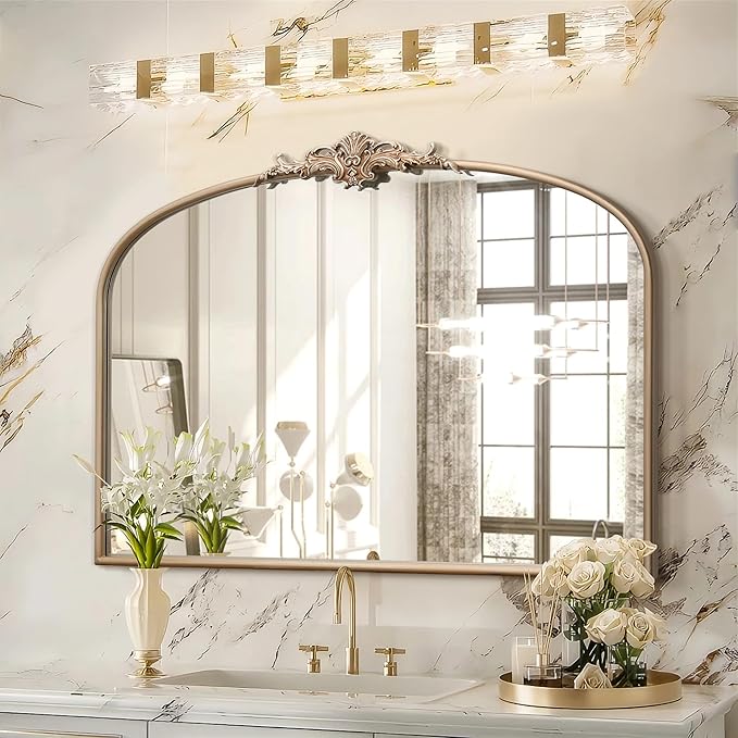 Besdomus Arched Vintage Gold Mirror: 40"x29" Large Champagne Gold Antique Wall Mounted Mirror - Baroque Traditional Ornate for Fireplace/Bathroom/Living Room - Home Decor for Fashion-Conscious