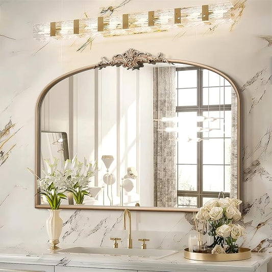 Besdomus Arched Vintage Gold Mirror: 40"x29" Large Champagne Gold Antique Wall Mounted Mirror - Baroque Traditional Ornate for Fireplace/Bathroom/Living Room - Home Decor for Fashion-Conscious