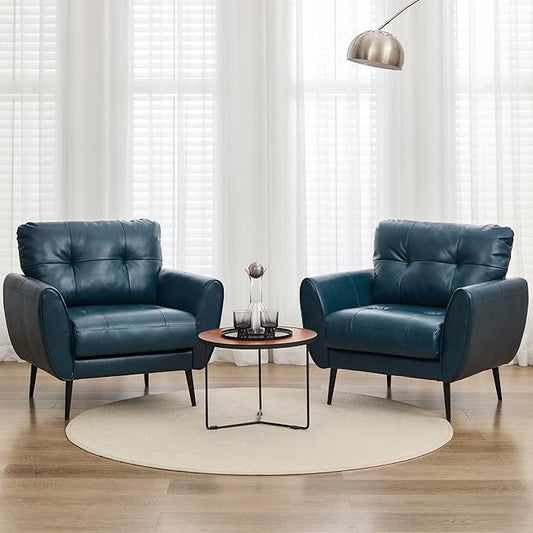 TYBOATLE Accent Chairs Set of 2, Comfy Modern Living Room Blue Faux Leather Reading Accent Chairs Tufted Mid Century Arm Chair Small Salon Chair for Office Bedroom (2, Blue)