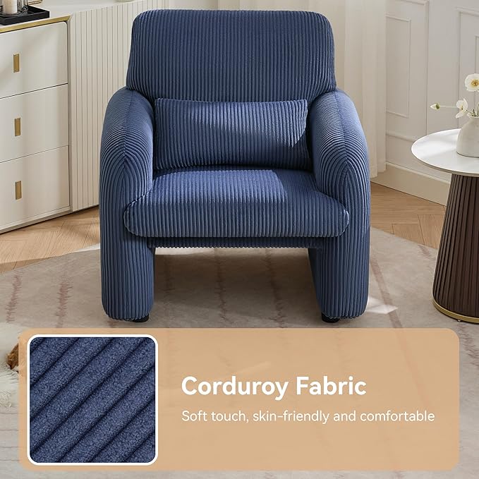 Corduroy Fabric Accent Chair, Modern Upholstered Living Room Chairs with Lumbar Pillow, Wide Comfy Leisure Armchair for Bedroom, Office, Reading, Blue