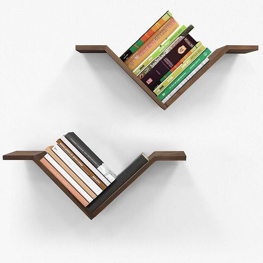 Book Shelf for Wall Set of 2, Modern Hanging Bookshelf Wall Mounted Desktop Book Shelves, Walnut Organizer for Bedroom Livingroom Office