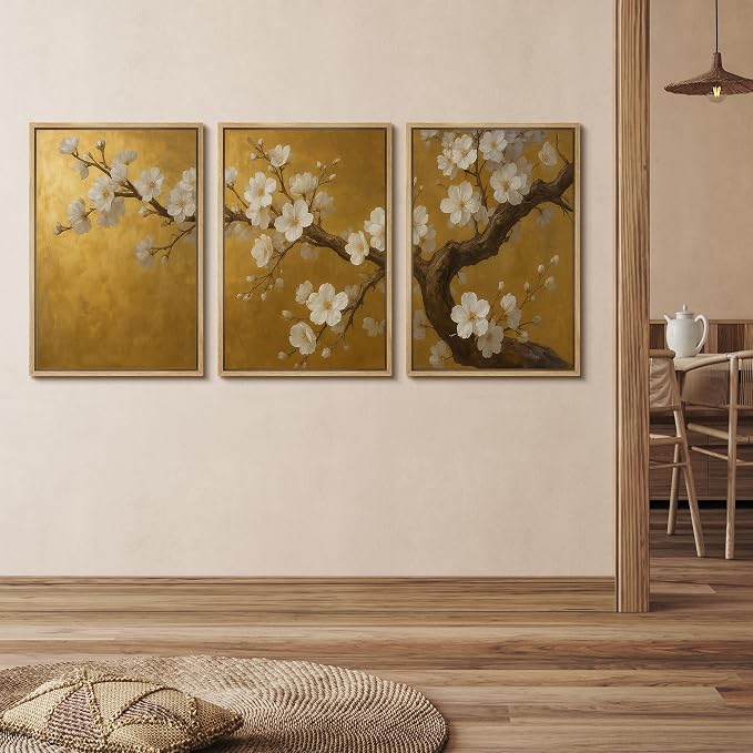 wall26 Framed Canvas Print Wall Art Set Golden Cherry Blossom Tree Elegant Floral Illustrations Fine Art Decorative Rustic for Living Room, Bedroom, Office - 24"x36"x3 Natural