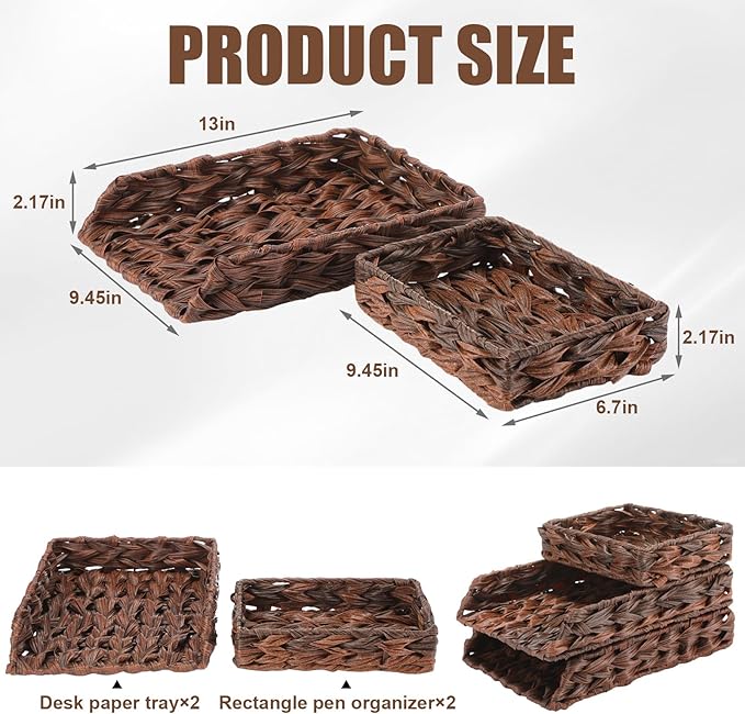 Geelin 3 Pack Water Hyacinth Woven Stackable Desk Organizer Letter Tray, Brown Tabletop Desk Basket for Storage Paper Letter Folders Notebooks Copy Print, Workspace Holder