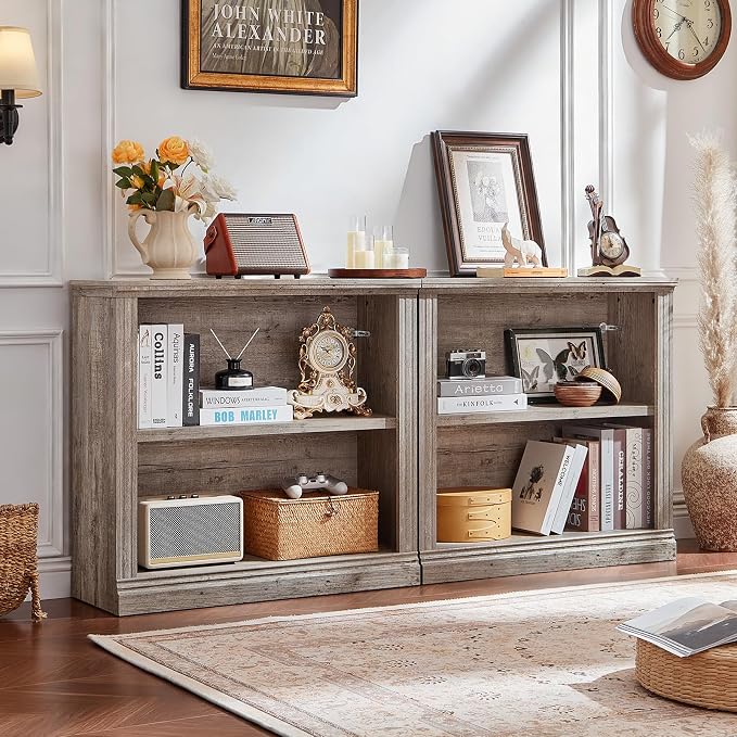 RWYHG 30" Grey Bookshelf,2-Tier Thick Wooden Book Shelf with Adjustable Shelves,Free Standing Farmhouse Bookcase with Open Display Storage,Floor Vintage Bookshelves for Living Room,Office