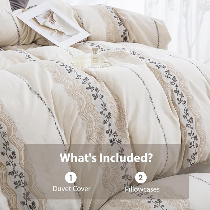 Beige Boho Linen Cotton Duvet Cover Queen Size, Soft Breathable Bedding Set for All Season -1 Textured Duvet Cover 90x90 Inches with Zipper Closure, 2 Pillowcases