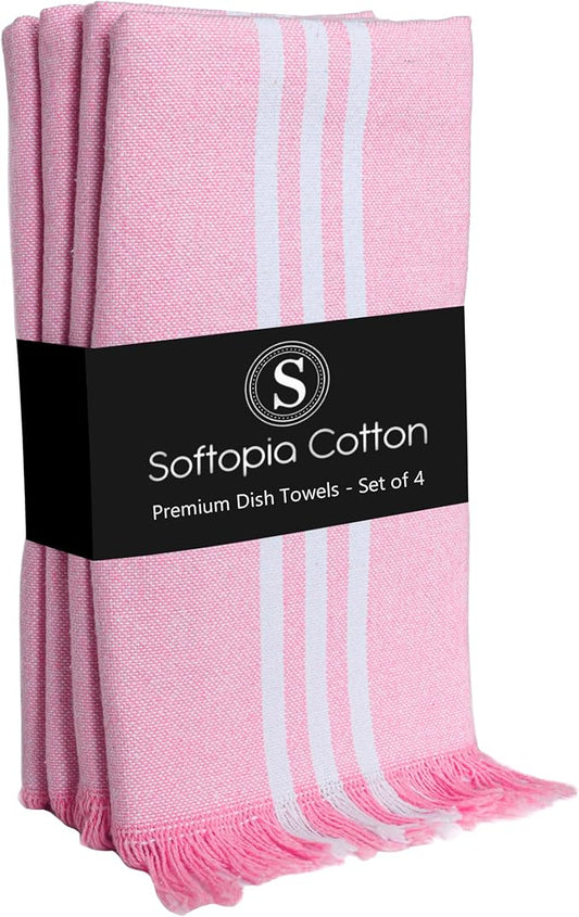 Prewashed Stripe Tea Towels 4 Pack, 16x26 Inches, Dish Cloths for Cooking and Cleaning, Quick Dry Kitchen Rags, Reusable Hand Towels for Drying Dishes and Surfaces - Rose Pink