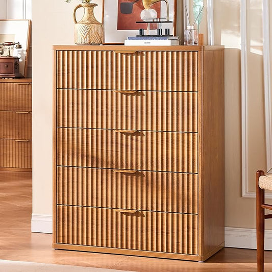 LEYAOYAO Fluted 5 Drawers Dresser for Bedroom, 41" Tall Modern Chest of Drawers with Metal Handle, Curved Profile Farmhouse Closet Organizer Wood Dressers TV Stand for Living Room, Hallway, Brown