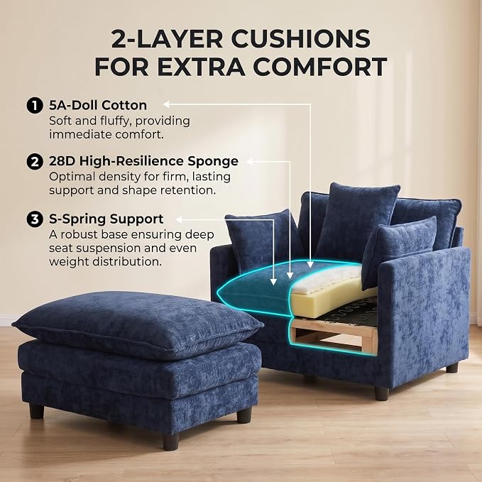Oversized Accent Chair with Ottoman, Chenille Cloud Single Sofa Upholstered Double-Layer Seat Lounge Armchair with Pillows for Living Room Reading Apartment, Blue