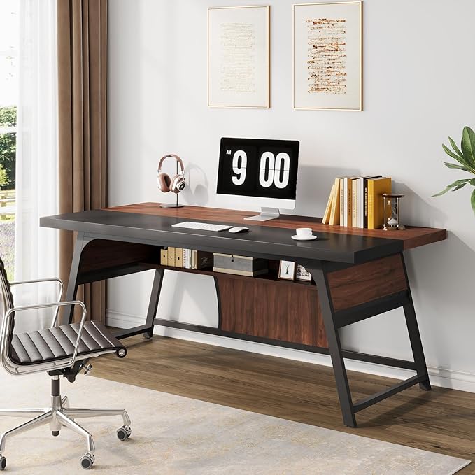 63-inch Executive Desk with Storage Shelf, Large Home Office Desk with Metal Frame & LED Light, Long Computer Desks for Home Office, Walnut and Black