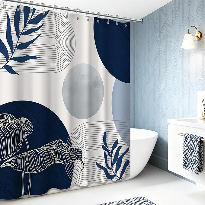 Navy Blue and White Shower Curtain Mid Century Modern Dark Blue Boho Shower Curtains for Bathroom Decor MCM Mens Cool Bath Curtain Sett, Waterproof Fabric with Hooks 70 x 96 Inch
