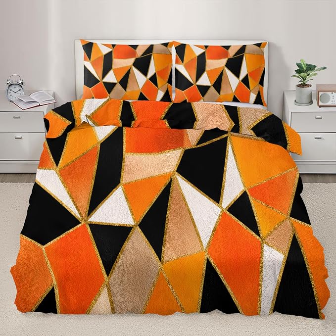 Geometric Marble Duvet Cover Queen Size, Abstract Marble Texture Bedding Set 3 Piece, Modern Black Orange Brown Patterned Comforter Cover with Zipper Soft Microfiber, 2 Pillowcases