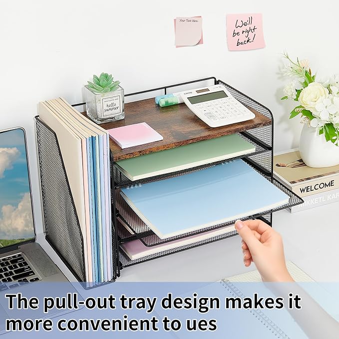 OPNICE Desk Organizer, 5-Tier Paper Organizer Letter Tray with Magazine Holder, Office Desk Accessories & Workspace Organizers, Desktop File Organizer for Office Supplies Storage, Wood