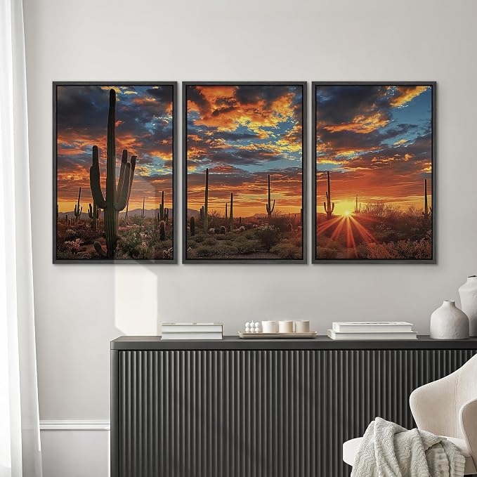 SIGNWIN Framed Canvas Print Wall Art Set Desert Cactus Sunset Landscape Illustrations Modern Art Decorative Chic Calm/Zen for Living Room, Bedroom, Office - 24"x36"x3 BLACK