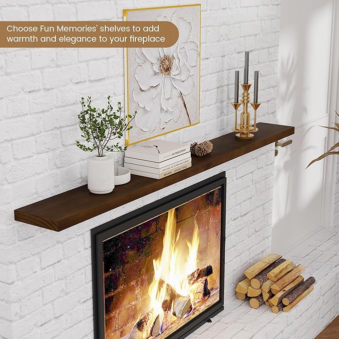 Floating Shelves 72 Inches Long - 8 Inch Deep Rustic Solid Pine Wood for Storage - Farmhouse Wall Mounted for Living Room - Heavy-Duty Metal Bracket - 72" W x 8" D - American Walnut Color