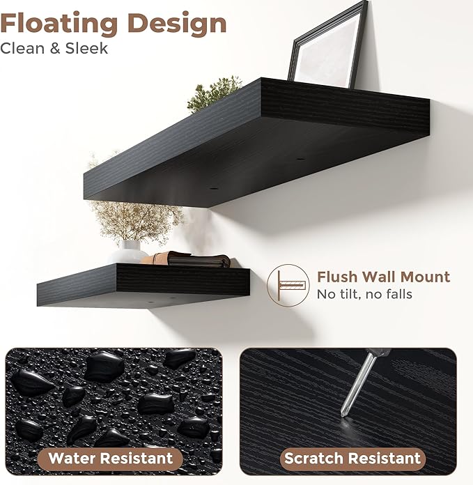 Marsmiles 12" Deep Floating Shelves for Wall with Invisible Brackets, Wall Mounted Engineered Wood Shelves with Wood Grain for Living Room, Bedroom, Kitchen Decor and Storage, 48" L Set of 1, Black