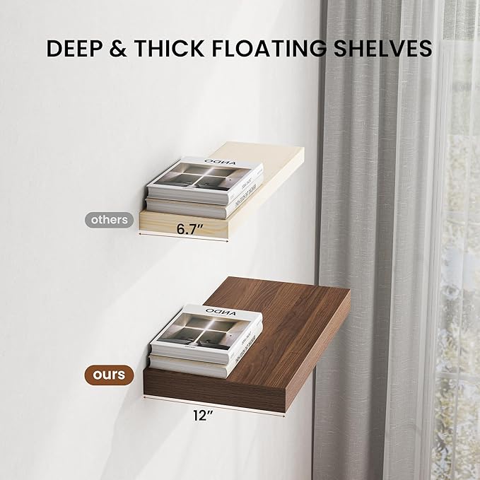 Dreamland 36" Floating Shelves for Wall, 12" Deep Thicker Walnut Floating Shelves, Wall-Mounted Shelves for Bedroom, Living Room, Kitchen, Bathroom - Set of 2