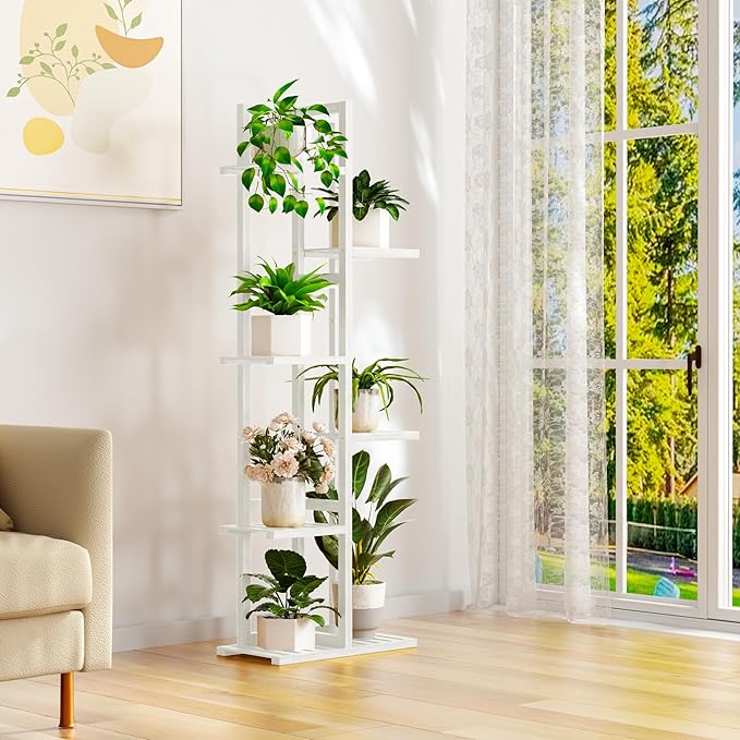 ROMGUAR CRAFT 6 Tier Bamboo Plant Stand Indoor, Wood Tall Flower Holder Corner Tiered Plant Shelf for Multiple Plants (White)