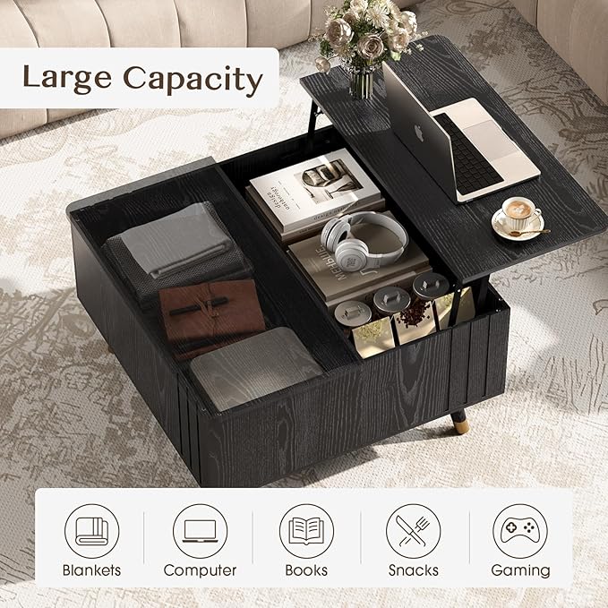 Black Lift Top Coffee Table with Storage, 32 Inch Mid Century Modern Square Center Table with Rising Top for Living Room