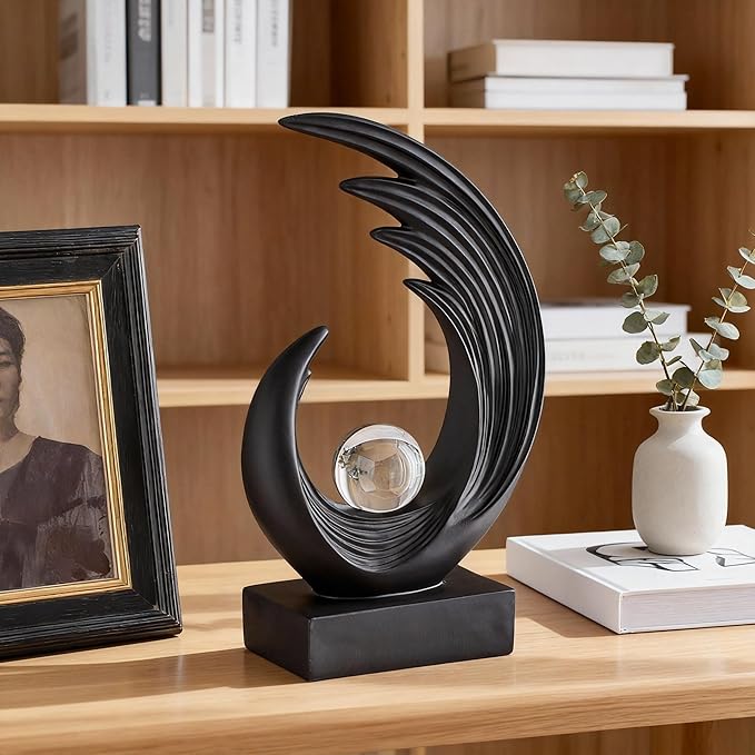 Modern Abstract Art Sculptures, Gold Entryway Table Accents, Black Shelf Decor Accents, Abstract Art Resin Sculpture for Dining Room, Office & Coffee Table – Centerpiece Fireplace Decor (Black)