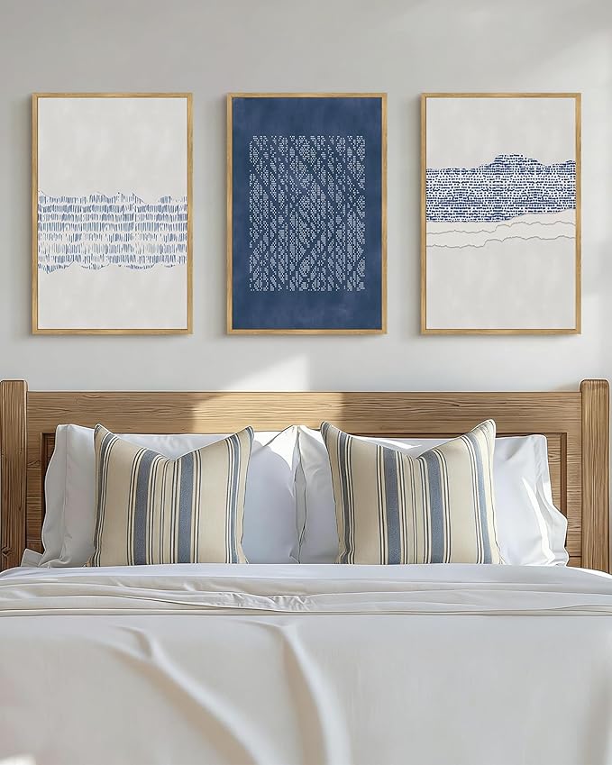 Drsoum Blue Abstract Boho Framed Wall Art Large 16x24in Minimalist Mid-Century Modern Wall Decor Geometric Artwork Kitchen Dining Room Natural Framed