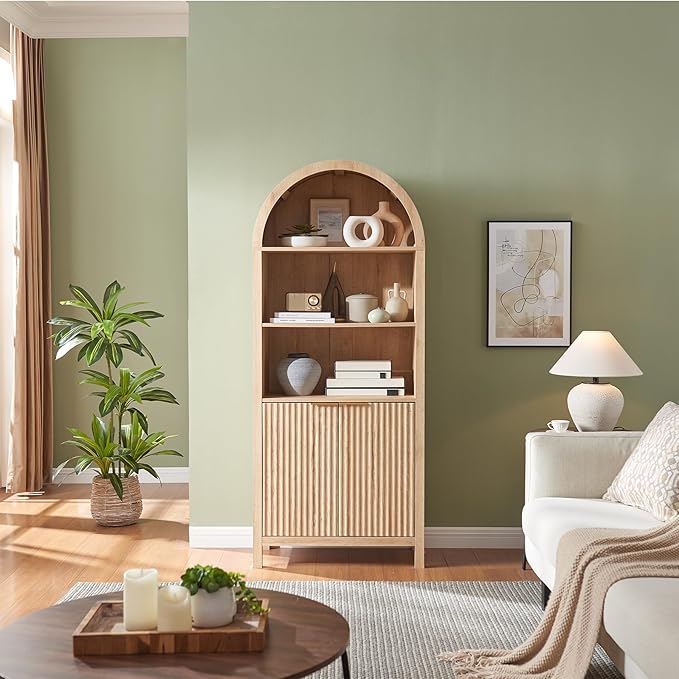 Arched Cabinet Bookshelf Bookcase - 71” Tall Mid Century Arched Display Cabinets, Rounded Bookshelf with Fluted Doors, Open Shelf Storage Cabinet for Dining Room (Natural)