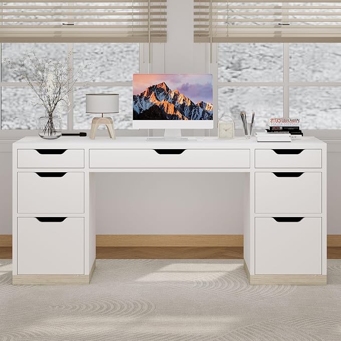 MaverickFurni White Desk with 7 Drawers, 54 Inch Executive Desk with Drawers for Bedroom, Home Office Desk with Drawers for Work Writing Study, Small Spaces