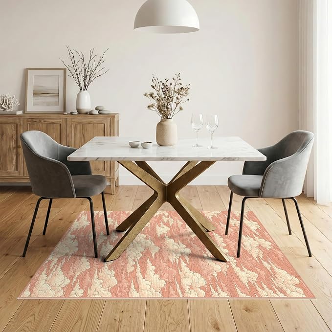 5'x7' Washable Flatwoven Rug, Peach Cottagecore Graphic Stain Resistant Area Rug Non-Slip Low Profile Floor Covering for Guest Room, Lounge, Apartment | Ref:2208262