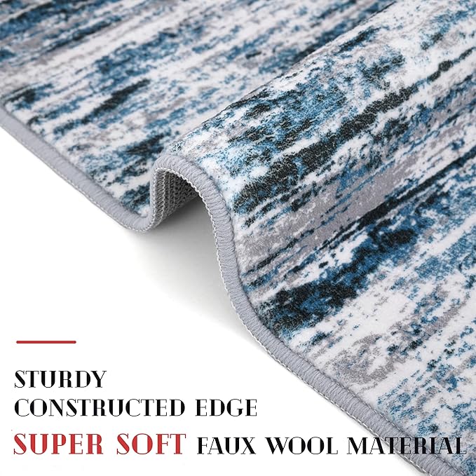 Lansny Modern Abstract Runner Rug 2.6x16, Grey Blue White Washable Long Kitchen Runner Non-Slip Soft Hallway Rug Runner Thin Print Faux Wool Carpet for Entryway Bedroom Laundry Room Indoor Home Decor
