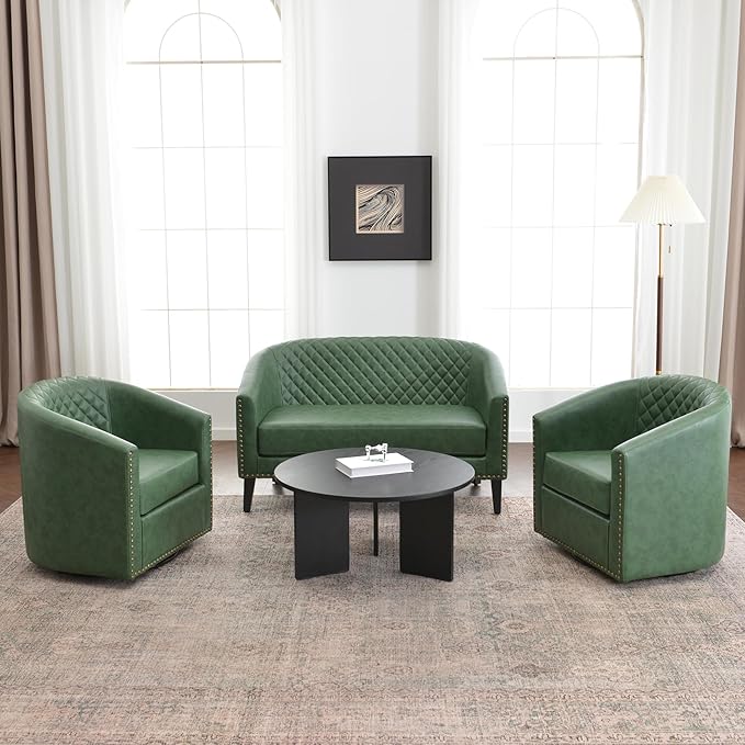 KINWELL 50" Faux Leather Upholstered Loveseat Sofa with 2 Swivel Barrel Accent Chairs, Minimalist Comfy 2-Seater Couch and Armchair for Small Spaces Apartment, Green