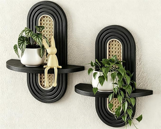 Floating Shelves for Wall, Boho Home Wall Decor,Rattan Plant Shelf Set of 2, Mid Century Small Decorative Shelf, Natural Wood Shelves for Living Room,Bedroom,House,Office (Black)