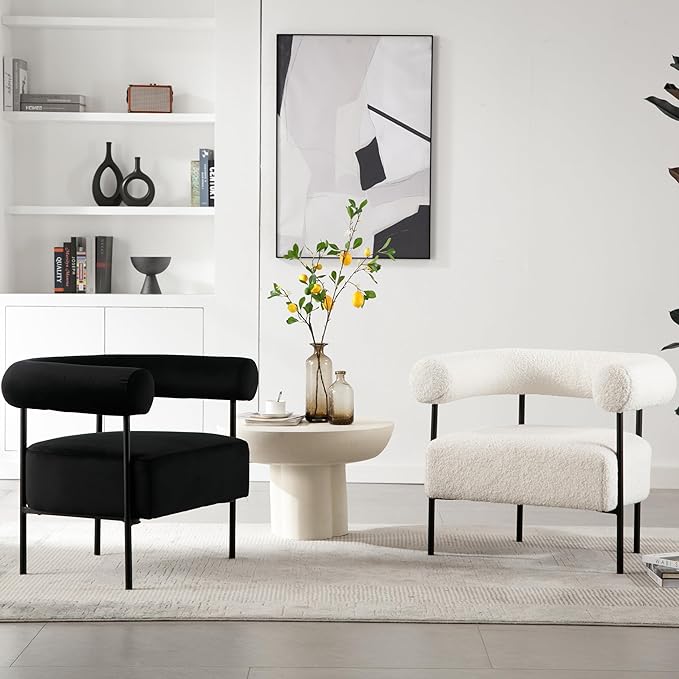 Modern Accent Chair with Curved Back, Small Living Room Vanity Chair, Black Comfy Velvet Barrel Armchair with Metal Legs & Upholstered for Bedroom, Makeup Room