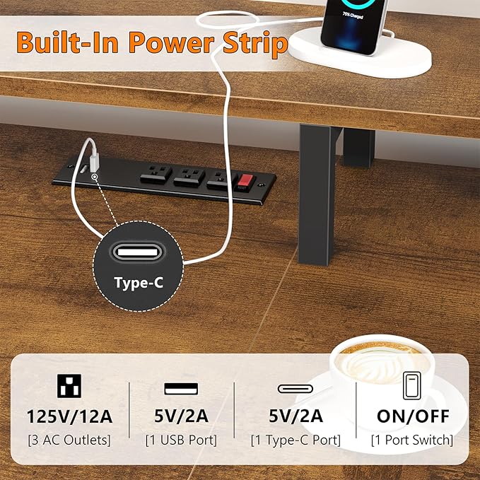 YOMILUVE 60 Inch Computer Desk with 8 Fabric Drawers, Gaming Desk with LED Lights & Power Outlets, Home Office Desk with Monitor Stand, Rustic Brown