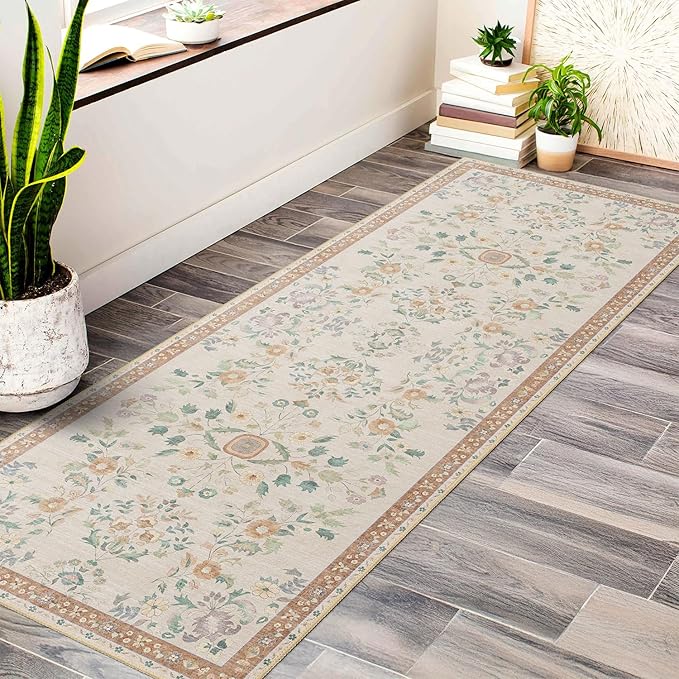 MUJOO Washable Runner Rug for Kitchen Hallways,2x6 Runner Rug Non Slip,Floral Carpet Runner for Bathroom Bedroom Laundry Floor,Long Mat Boho Indoor Vintage Low Pile Beige