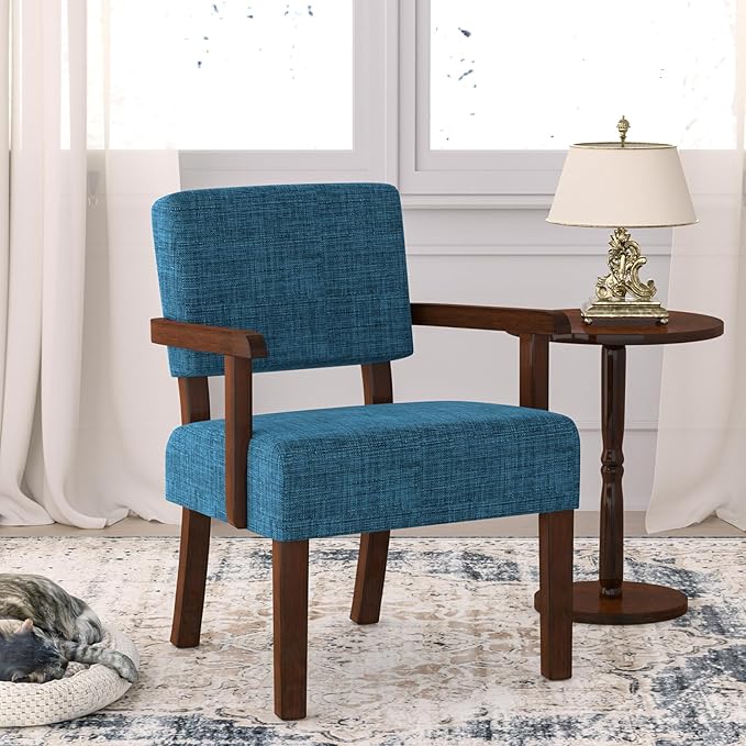 Accent Chair,Armchairs with Solid Wood Frame and Legs,Upholstered Reading Leisure Chair for Bedroom,Office,Waiting Room (Linen, Blue, One Chair)