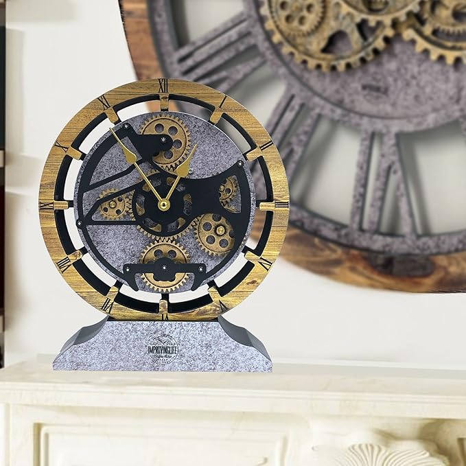 ImprovingLife Desk Clock 10 inches with Real Moving Gears Convertible into Wall Clock (Brown and Grey)