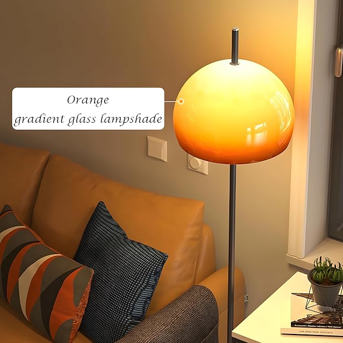 Bofea-Mid Century Modern Floor Lamps for Living Room,Mushroom Floor Lamp with Orange Glass Shade,Dimmable Reading Lamp,Ambiance Lighting,Orange Tall Lamps for Living Room Corner,Bedroom Home Decor