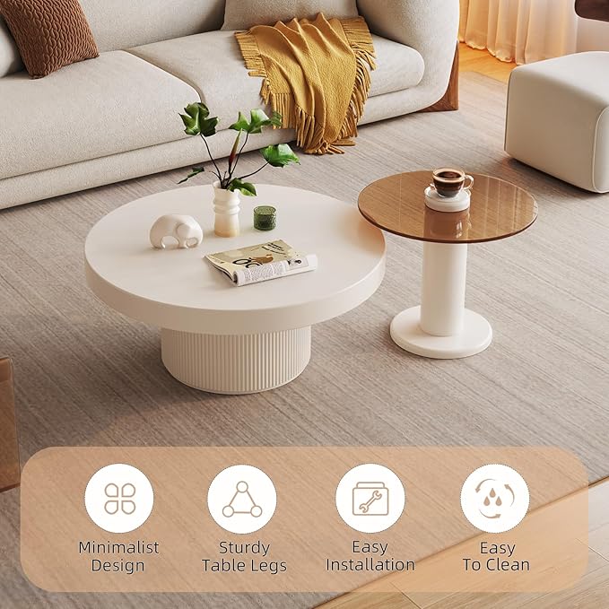 Nesting Coffee Table Set of 2, Round Shape Center & Small Tempered Glass Top Accent Side Table, Modern Home Decor Table Set for Living Room, Bedroom, Office